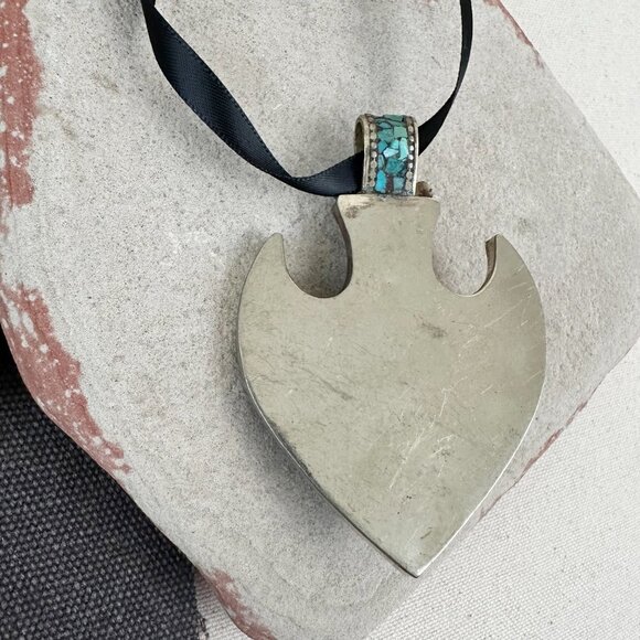 Vintage Turquoise Inlaid Necklace Pendant‎ Coral Big Southwestern - Picture 3 of 10